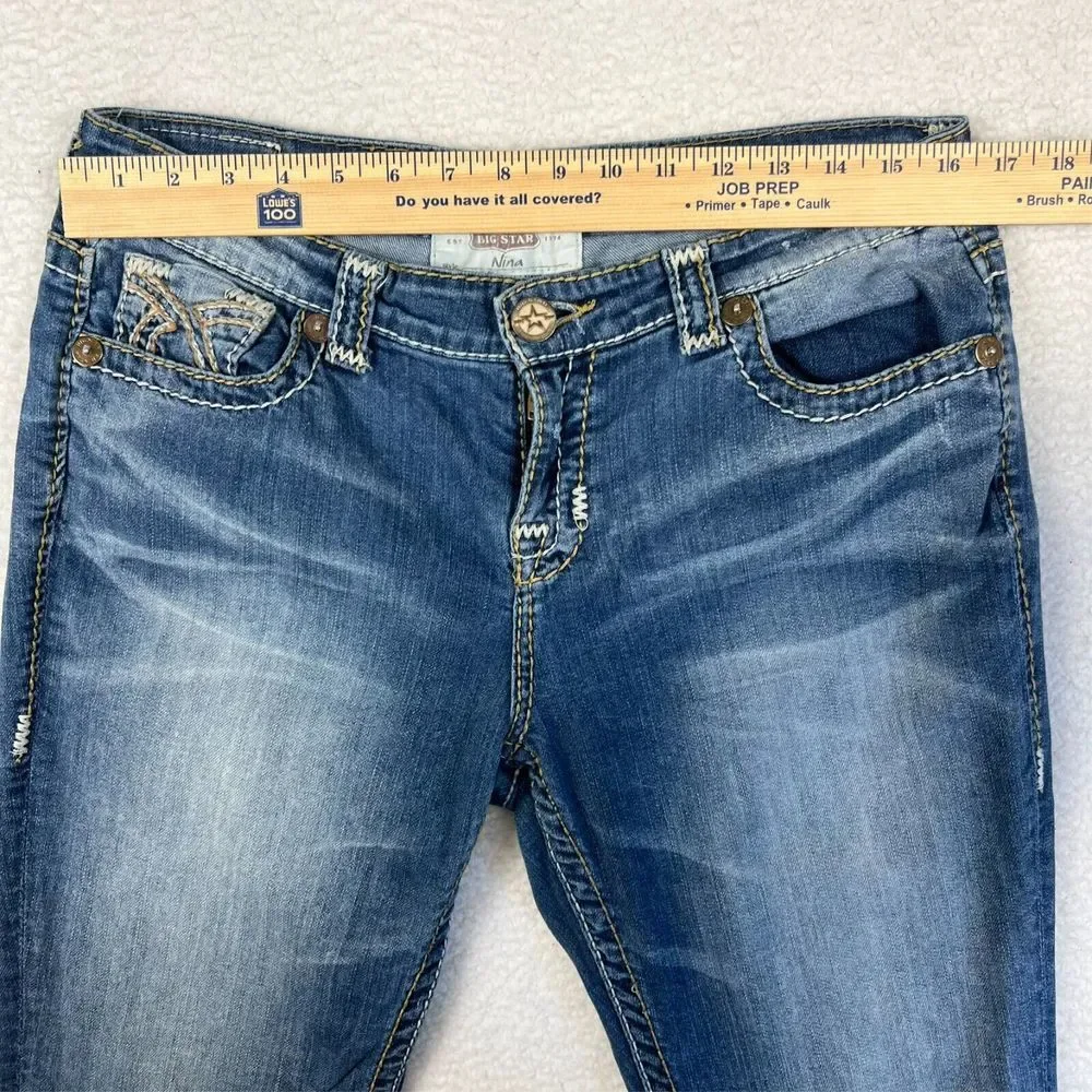 Big Star Women's Jeans 32R Bootcut Rhinestone Pocket‎ Distressed Denim Nina - Picture 12 of 16